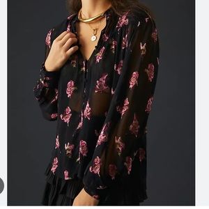 By Anthropologie Sheer Blouse Black Floral Button Up Size XXS